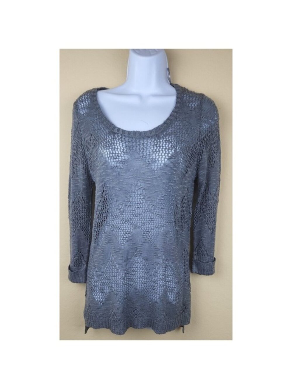 Knox Rose Womens Size L Boho Open Knit Tunic Top gray‎ Split sides trim
